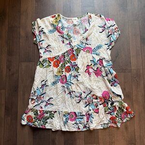 BIBI Cream Floral Mini Tunic Dress Women’s Large Boho Hippie Festival